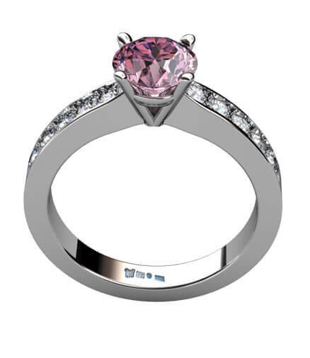 Vigselring i vitguld med rosa spinell och briljantslipade diamanter